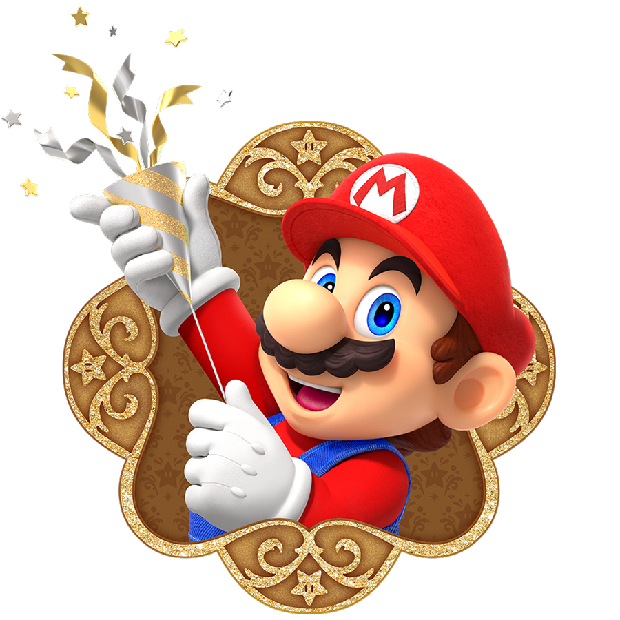 Mario with a party popper emerging from a holiday cookie